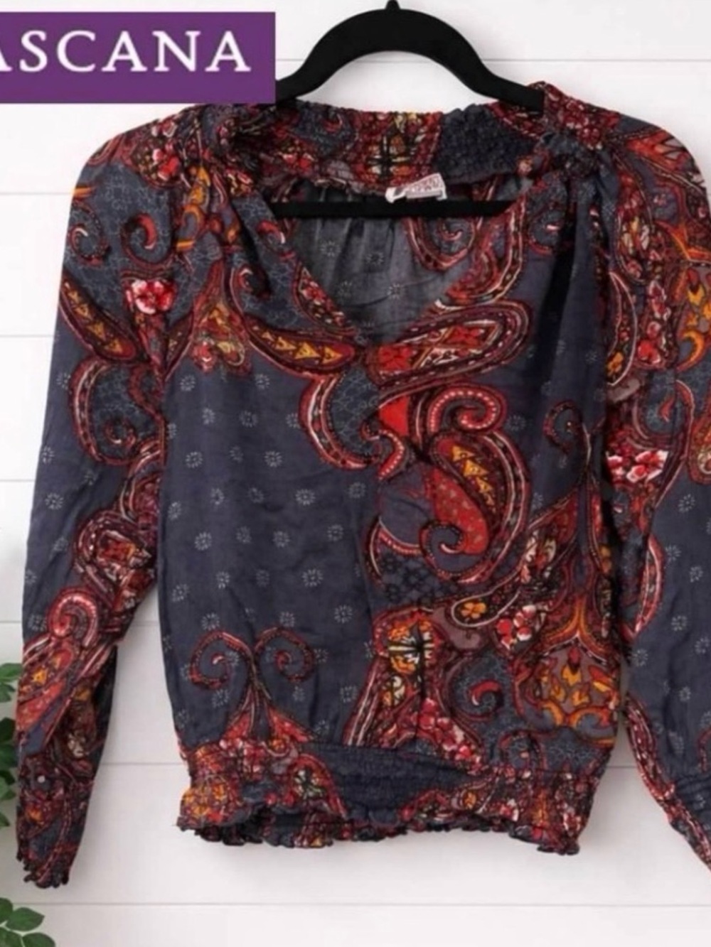 ♥️💕💙Lascana for Venus Paisley Blouse XS Boho Smocked Top Long Sleeve Peasant - Picture 2 of 5